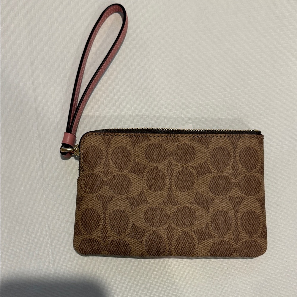 Coach Signature Brown Wristlet with Pink Stripe - Picture 3 of 9